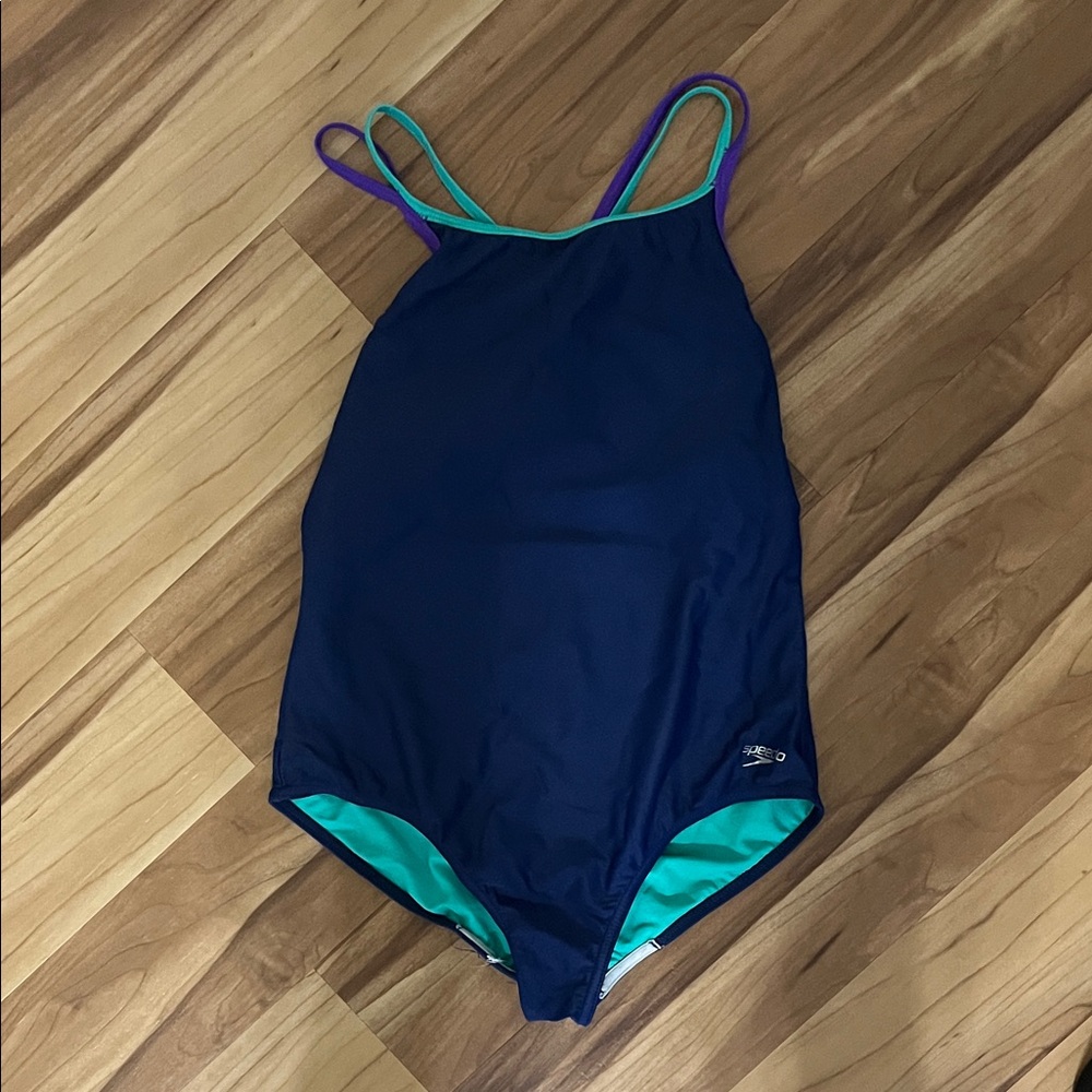 Navy Blue One-Piece Swimsuit with Green Accents